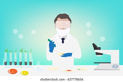 Microbiologist studying new virus or its antidote cultivating a petri dish whit inoculation loops, beside a microscope and tools of laboratory. Vector illustration of Bioscience. - stock vector