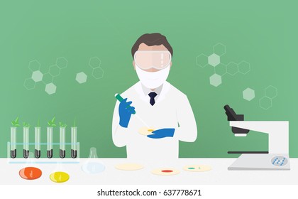 Microbiologist studying new virus or its antidote cultivating a petri dish whit inoculation loops, beside a microscope and tools of laboratory. Vector illustration of Bioscience. - stock vector