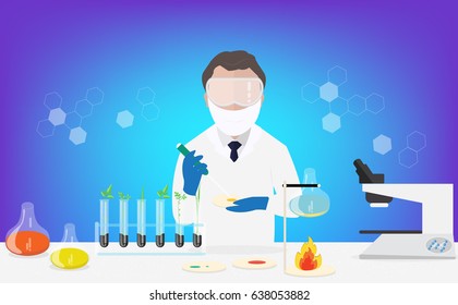 Microbiologist studying new virus or its antidote cultivating a petri dish whit inoculation loops, beside a microscope and tools of laboratory. Vector illustration of Bioscience. - stock vector