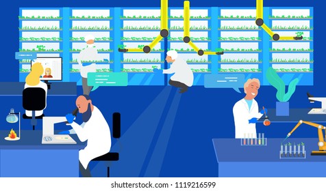 Microbiologist studying new virus and cultivating a petri dish whit inoculation loops, beside a microscope and tools of laboratory. Vector illustration of biomedical engineering. - stock vector