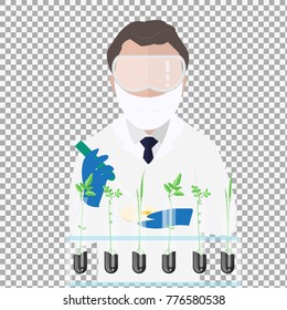 Microbiologist studying new virus and cultivating a petri dish, beside a microscope and tools of laboratory on transparent background. Vector illustration of biomedical engineering. - stock vector
