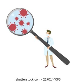 Microbiologists analyzing infection in lab with magnifying glass. Coronavirus research, pandemic, epidemiology concept