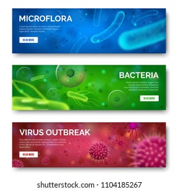 Microbiology 3d Background. Viruses, Infection Microflora And Bacteria For Banners. Virus Bacterium Ebola Cell Science Isolated Green Red Blue Banner Set Illustration