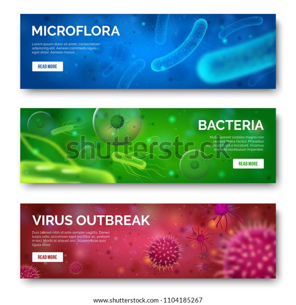 微生物学3d背景 バナー用のウイルス 感染菌叢 細菌 緑の青のバナーセットイラストにウイルス菌エボラ細胞科学 のベクター画像素材 ロイヤリティフリー
