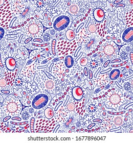 Microbiology bacteria and virus hand drawn doodle seamless vector pattern