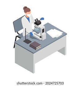 Microbiology biotechnology isometric composition with female character of doctor performing research with microscope vector illustration