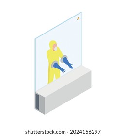 Microbiology biotechnology isometric composition with worker in chemical suit behind barrier with holes for gloves vector illustration