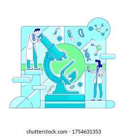 Microbiology, biotechnology thin line concept vector illustration. Lab workers, scientists with microscope 2D cartoon characters for web design. Scientific research, molecular analysis creative idea