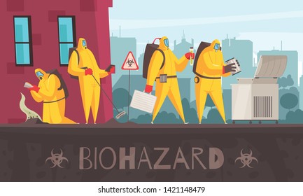 Microbiology composition with text and cityscape background with human characters in biohazard suits making certain observations vector illustration