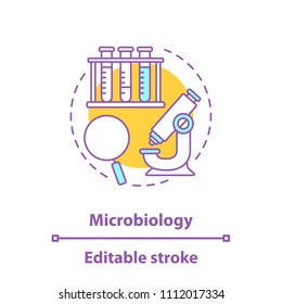 Microbiology concept icon. Science lab idea thin line illustration. Study of microorganisms. Microscope, magnifying glass, test tubes rack. Vector isolated outline drawing. Editable stroke