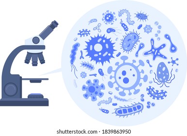Microbiology concept. Vector collection of flat bacteria cell, virus and microbe illustrations. Set of microorganisms in microscope. Laboratory research and analysis.