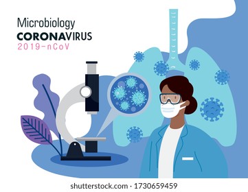 microbiology for covid 19 and doctor female and microscope vector illustration design