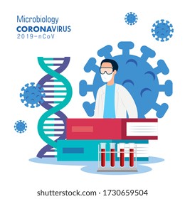 microbiology for covid 19 with doctor and medical icons vector illustration design