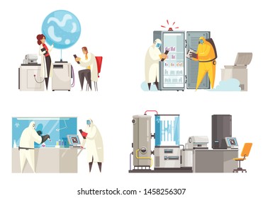 Microbiology design concept with four compositions of human characters in biohazard suits near laboratory equipment units vector illustration