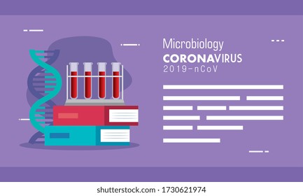 microbiology and dna structure with tubes test in books vector illustration design
