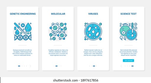 Microbiology, genetic engineering vector illustration. UX, UI onboarding mobile app page screen scientific set with line science experiment test researching viruses, virology and molecular research
