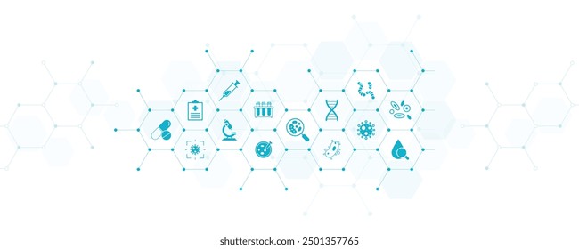Microbiology Icon Concept: Pruebas de laboratorio, diagnósticos, virología, desarrollo de tratamientos para enfermedades infecciosas – Ilustración vectorial