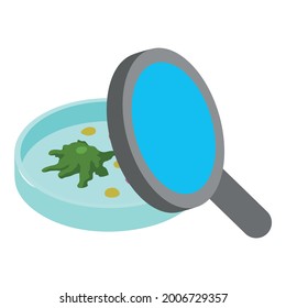 Microbiology icon isometric vector. Petri dish with bacteria culture. Magnifier microorganism research