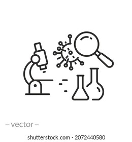 microbiology icon, microorganism research technology, clinic laboratory, genetic or pharmacology science, test microscope, medical industry, thin line symbol - editable stroke vector illustration