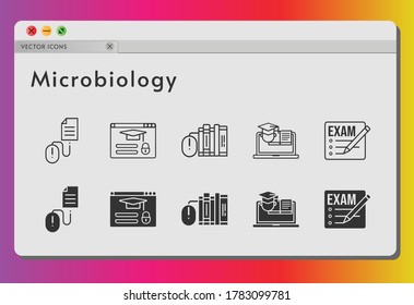 microbiology icon set. included exam, books, training, login, click icons on white background. linear, filled styles.