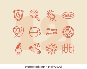Microbiology icon. Set of line icon on white background. Laboratory equipment, cell, bacterium. Exploration concept. Vector illustration can be used for topics like biology, science, research