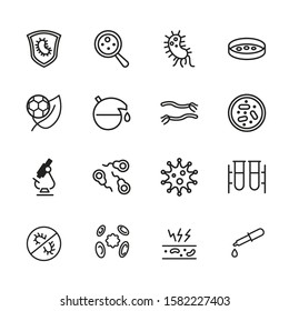Microbiology icon. Set of line icon on white background. Laboratory equipment, cell, bacterium. Exploration concept. Vector illustration can be used for topics like biology, science, research