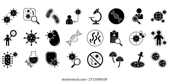 Microbiology icon set, study of microbe, bacteria and virus, disease and infection vector symbol. EPS 10
