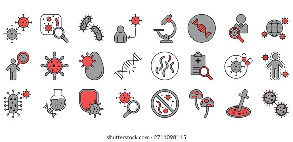 Mikrobiologie-Icon-Set, Studie von Mikroben, Bakterien und Viren, Krankheit und Infektion Vektorsymbol. EPS 10