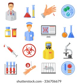 Microbiology icons set with research experiments and bio weapon symbols flat isolated vector illustration 