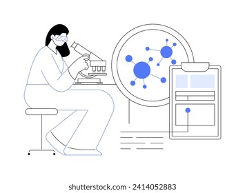 Microbiology isolated cartoon vector illustrations. Young masters student explores living organisms with microscope, making scientific research in lab, virus existence vector cartoon.