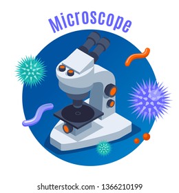 Microbiology isometric background with round composition microscope and different isometric science elements vector illustration