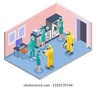 Microbiology isometric and colored composition with scientists in lab coats and medical masks vector illustration