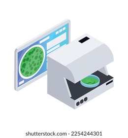 Composición isométrica microbiológica de equipos de laboratorio para experimentos científicos bacterias amplificadas e ilustración de vectores de virus