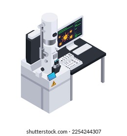 Microbiology isometric composition of laboratory equipment for scientific experiments magnified bacteria and virus vector illustration