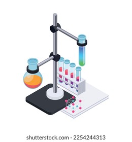Composición isométrica microbiológica de equipos de laboratorio para experimentos científicos bacterias amplificadas e ilustración de vectores de virus