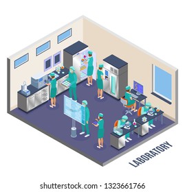 Microbiology isometric composition laboratory room and walls with scientists at the work vector illustration