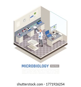 Microbiology isometric composition with male scientist researching in laboratory 3d vector illustration