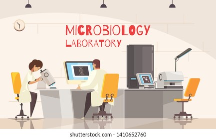 Microbiology laboratory background composition with indoor view of lab room with workspaces of scientists with text vector illustration