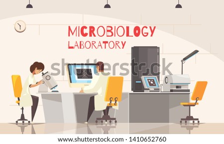 Microbiology laboratory background composition with indoor view of lab room with workspaces of scientists with text vector illustration