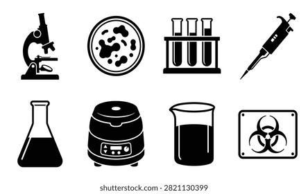 Microbiology laboratory icon set featuring microscope petri dish test tubes pipette flask centrifuge beaker and biohazard symbol vectors