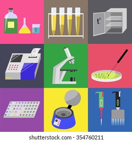 Microbiology Laboratory Icons Set: Labware, Thermostat, Microscope, Analyzer, Centrifuge Etc. Vector Illustration