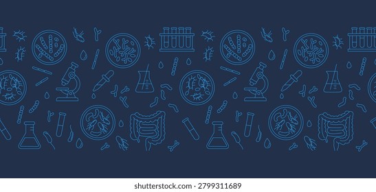 Microbiology laboratory seamless border banner pattern petri dishes, microscope and microbes for healthcare, science and education use, Vector Illustration, blue line art on white repeat background.