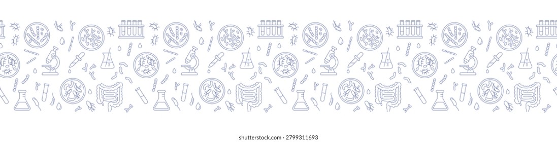 Microbiology laboratory seamless border banner pattern petri dishes, microscope and microbes for healthcare, science and education use, Vector Illustration, blue line art on white repeat background.