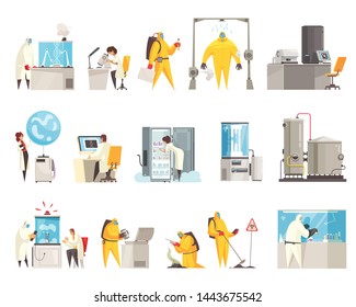 Microbiology laboratory set with isolated human characters of scientists in suits with lab equipment and facilities vector illustration