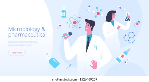 Microbiology landing page vector template. Pharmaceutical science website homepage interface idea with flat illustrations. Laboratory experiment. Futuristic medicine web banner cartoon concept