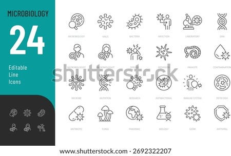 Microbiology Line Editable Icons set. Vector illustration in modern thin style of science related icons: microbe, virus, bacteria, and more. Isolated on transparent background.