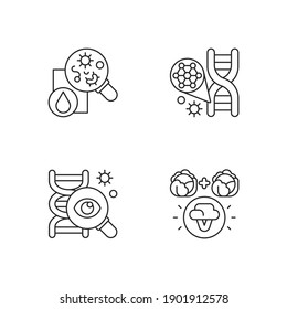 Microbiology linear icons set. Genetic engineering. DNA structure. Selective breeding. Genetic research. Customizable thin line contour symbols. Isolated vector outline illustrations. Editable stroke