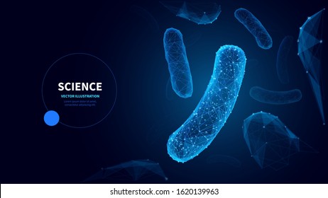 Microbiology low poly wireframe banner vector template. Futuristic science, biological research poster polygonal design with bacteria illustration. Microscopic germs 3d mesh art with connected dots