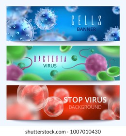 Banners web de microbiología y vectores médicos con bacterias y virus 3d. Virus y bacterias microbe ilustración médica