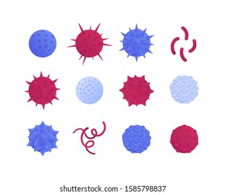 Microbiology medicine concept. Vector flat illustration. Virus and bacteria icon set isolated on white. Design element for vaccine banner, poster, background, web, healthcare infographic.